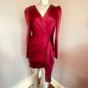 DO+BE Ruby Red Satin Long Sleeve Wrap Mini Dress